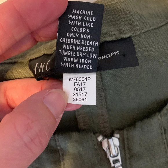 INC olive green 100% linen ruffled zip cardigan topper boho size PM layer jacket - Picture 9 of 10